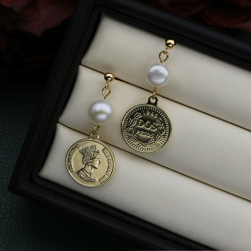 Regal Pearl Coin Drop Earrings
