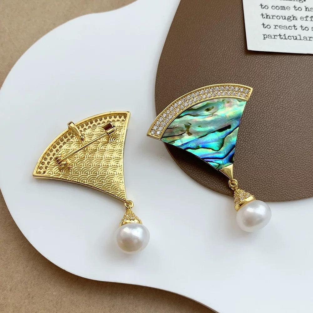 Golden Fan Abalone Pearl Brooch