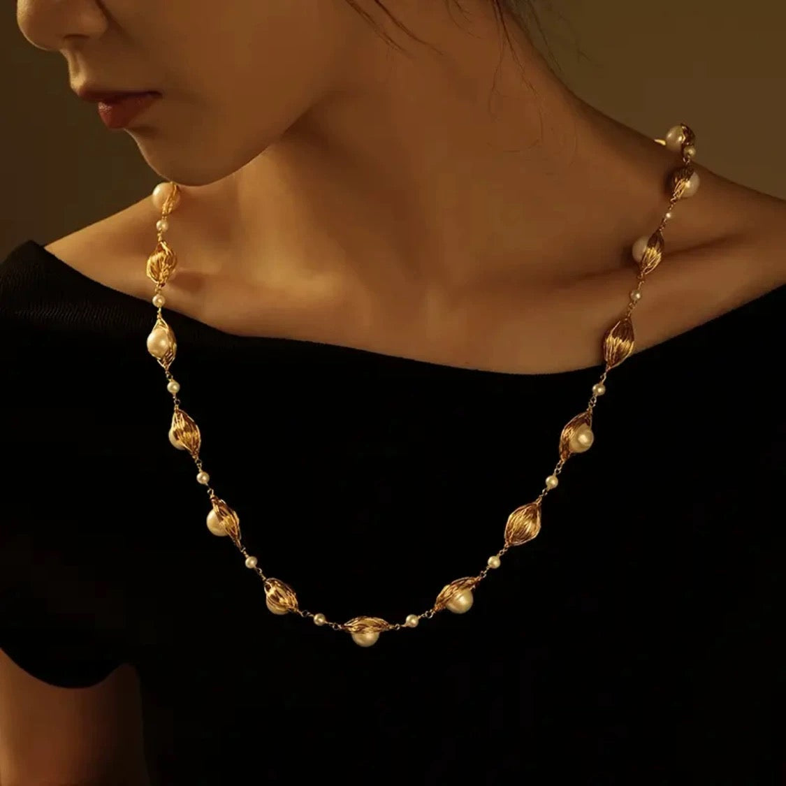 Golden Pearl Cascade Necklace